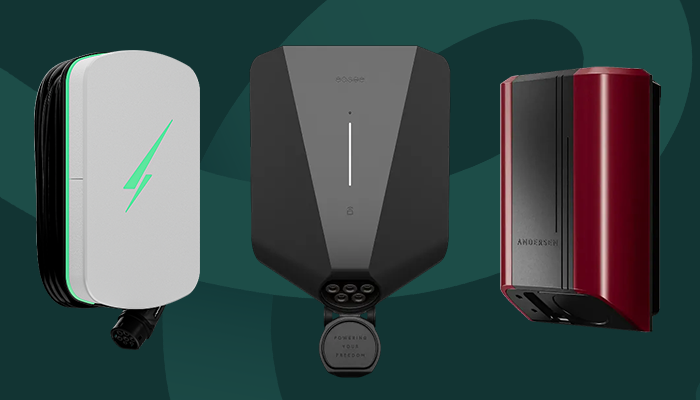 Selection of smart EV chargers including Easee, Andersen Quartz and Hypervolt Home 3 Pro.